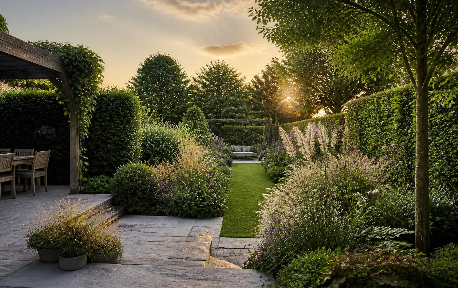 Stadstuin met natuursteenterras, siergrassen en geschoren hagen bij zonsondergang